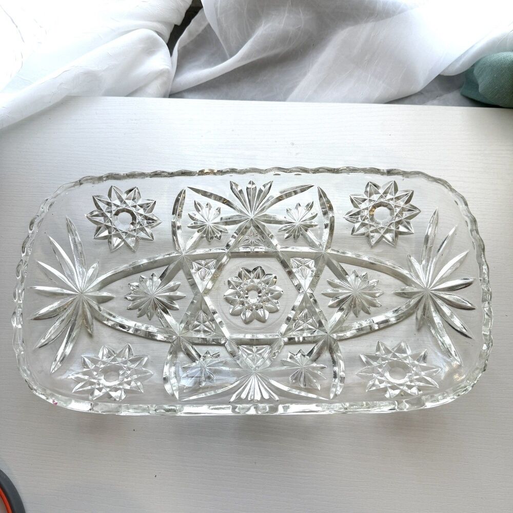 Vtg Anchor Hocking Crystal Prescut Glass Star Rectangle Relish Serving Tray J7